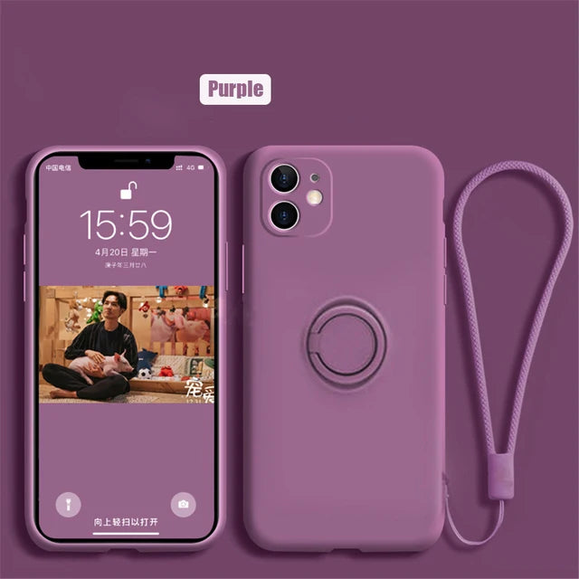 Silicone MagSafe phone case in purple with circular MagSafe ring and hand strap