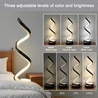 Black spiral LED lamp with wavy glow showing multiple brightness/color levels