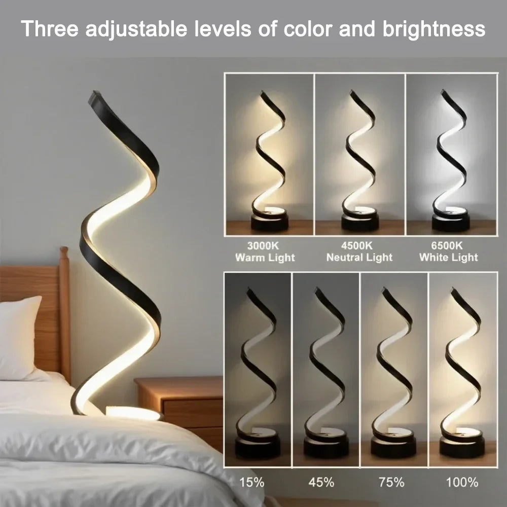 Black spiral LED lamp with wavy glow showing multiple brightness/color levels