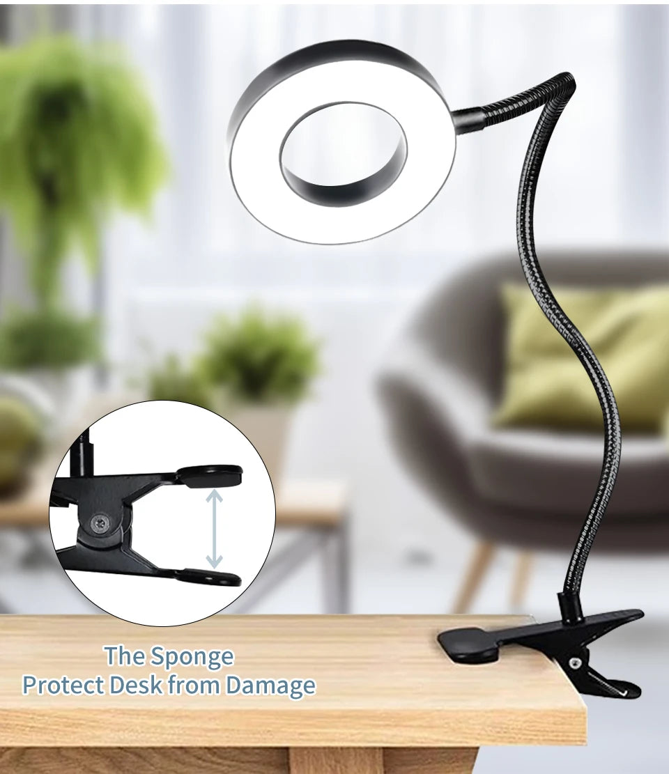 Black ring light reading lamp with clip base and flexible gooseneck neck