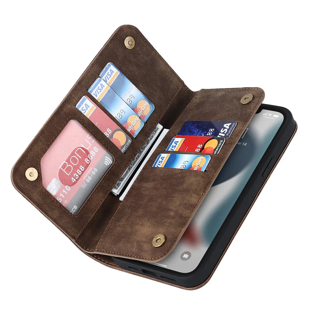 Kickstand MagSafe wallet in brown with two card slots and flip cover, phone shown