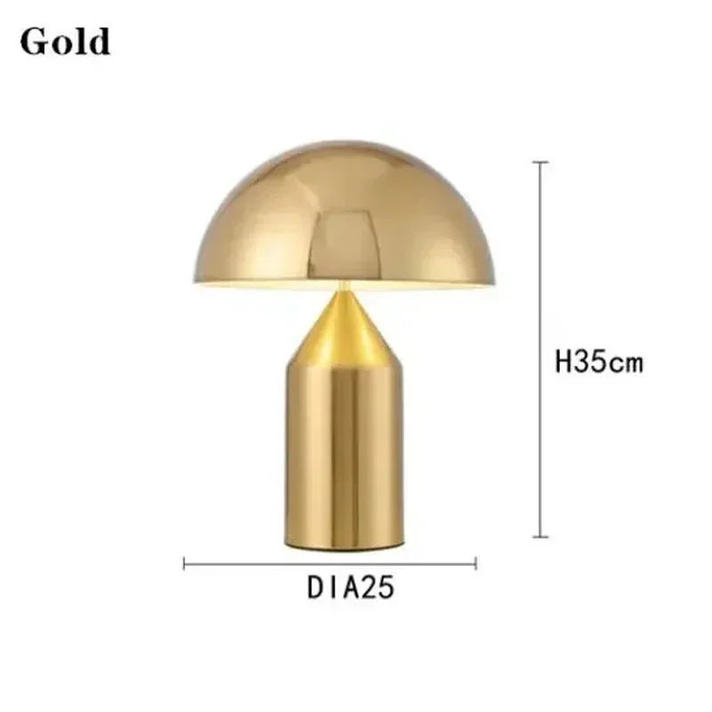 Gold mushroom LED table lamp with dome shade and cylindrical base, H35cm, Dia25cm