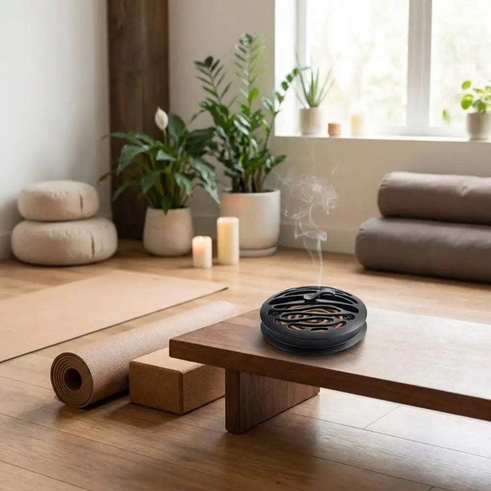 Black round incense burner with spiral cutout pattern on a wooden surface