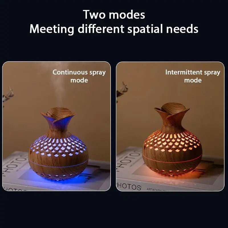 Two wood grain mini vase humidifiers with blue and amber LED light