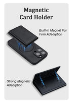 Black magnetic card holder with built-in magnet and flip front for phone