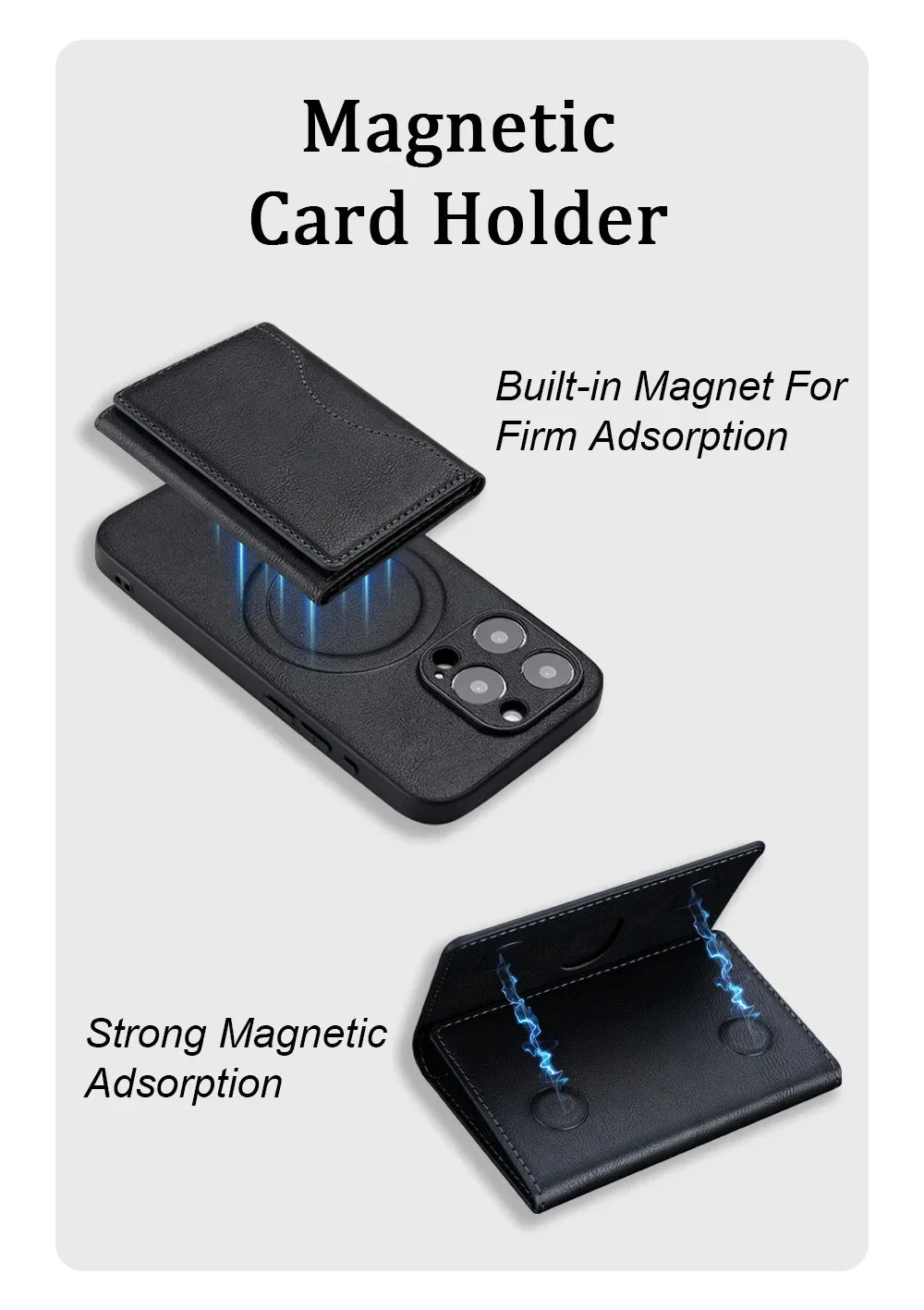Black magnetic card holder with built-in magnet and flip front for phone
