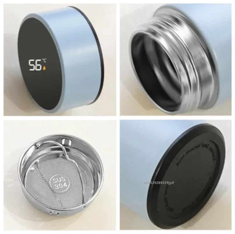 Compact smart thermos cap details: digital display, stainless mesh, and black seal cover