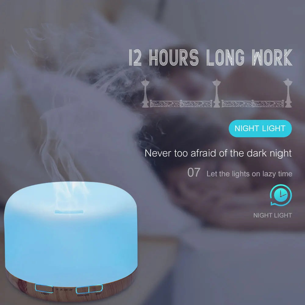 Blue-lit aroma diffuser humidifier with dark wood base and rectangular light indicator