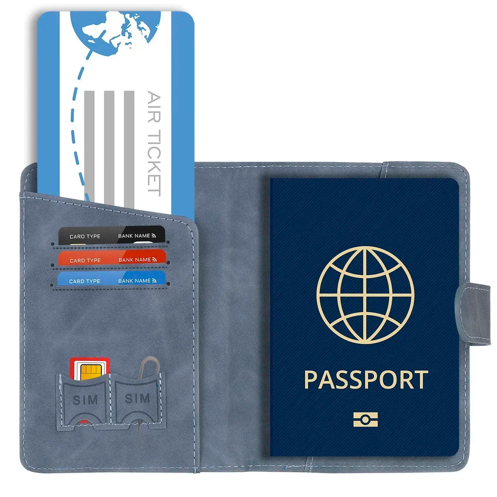 Midnight navy passport wallet open with card pockets and passport cover