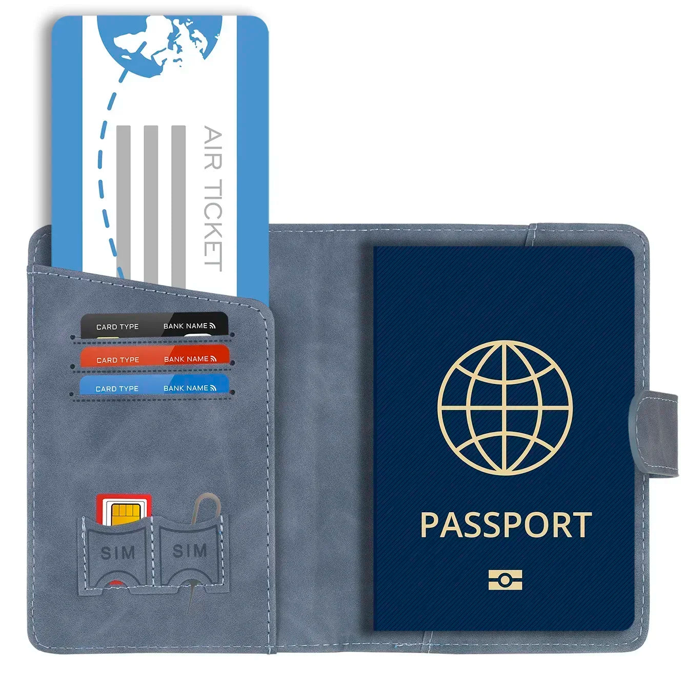 Midnight navy passport wallet open with card pockets and passport cover