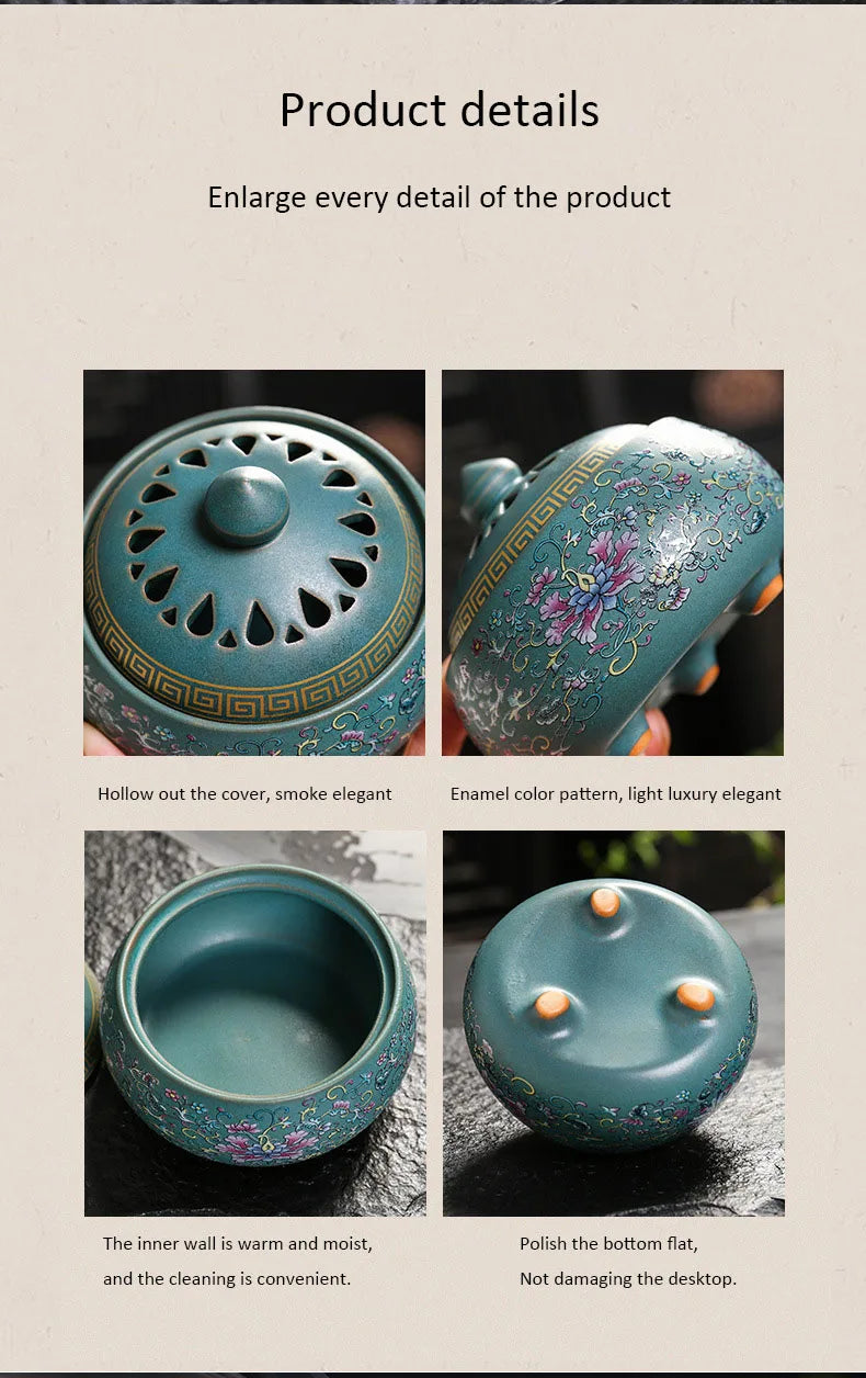 Sky Blue enamel incense burner close-ups: pierced lid, inner bowl, and base