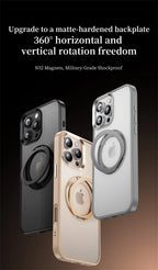 Rotating MagSafe phone case in black, silver, and champagne gold with stand