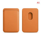 Magnetic card holder, warm orange leather; front pocket and oval rear cutout
