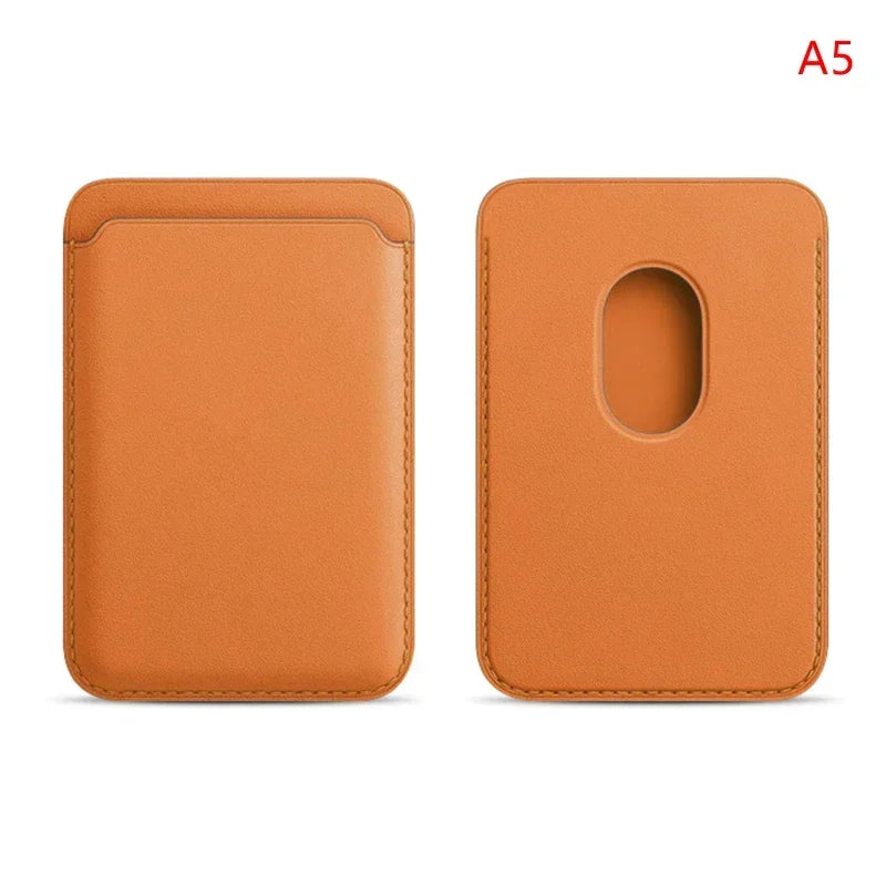 Magnetic card holder, warm orange leather; front pocket and oval rear cutout