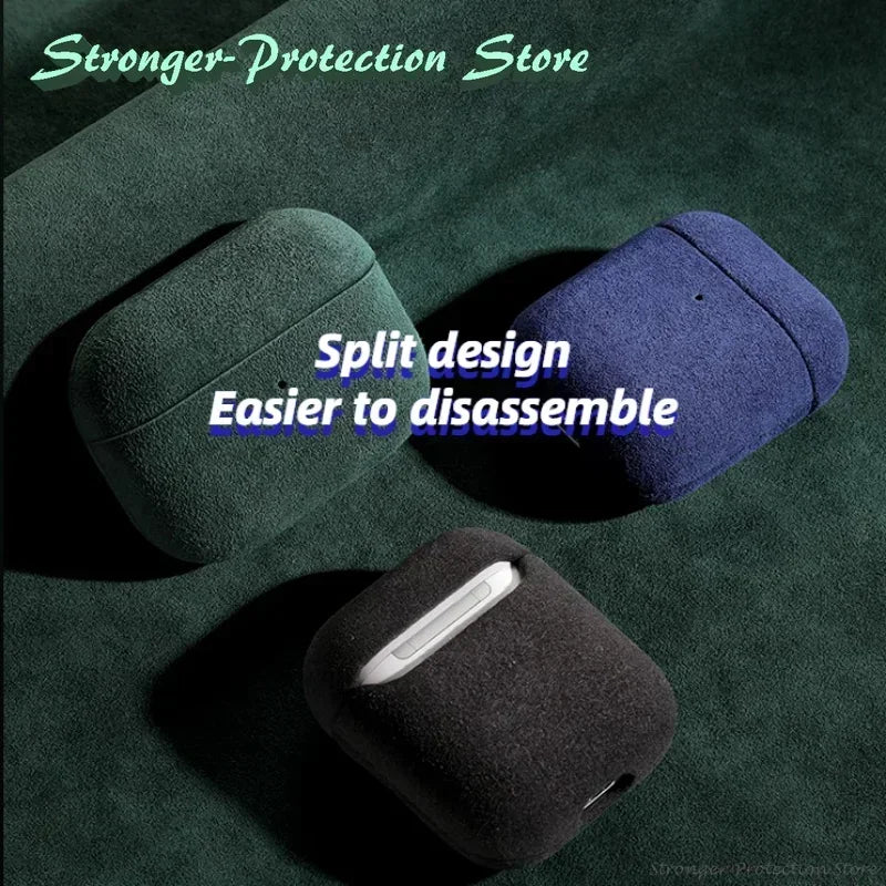 Italian suede AirPods case, Emerald Sage color, split-style closure, side view