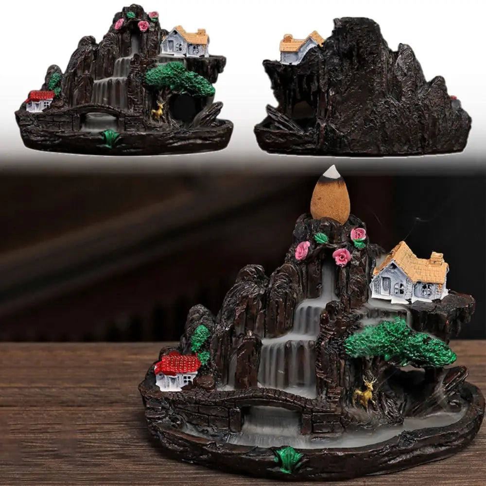 Fairy Mountain holder incense waterfall fountain design, front and side views