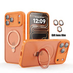 Matte MagSafe phone case with ring holder, orange finish, camera cutouts and raised edges
