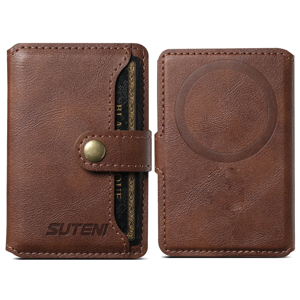Brown leather phone wallet front and back view with circular MagSafe area