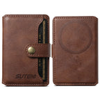 Brown leather phone wallet front and back view with circular MagSafe area