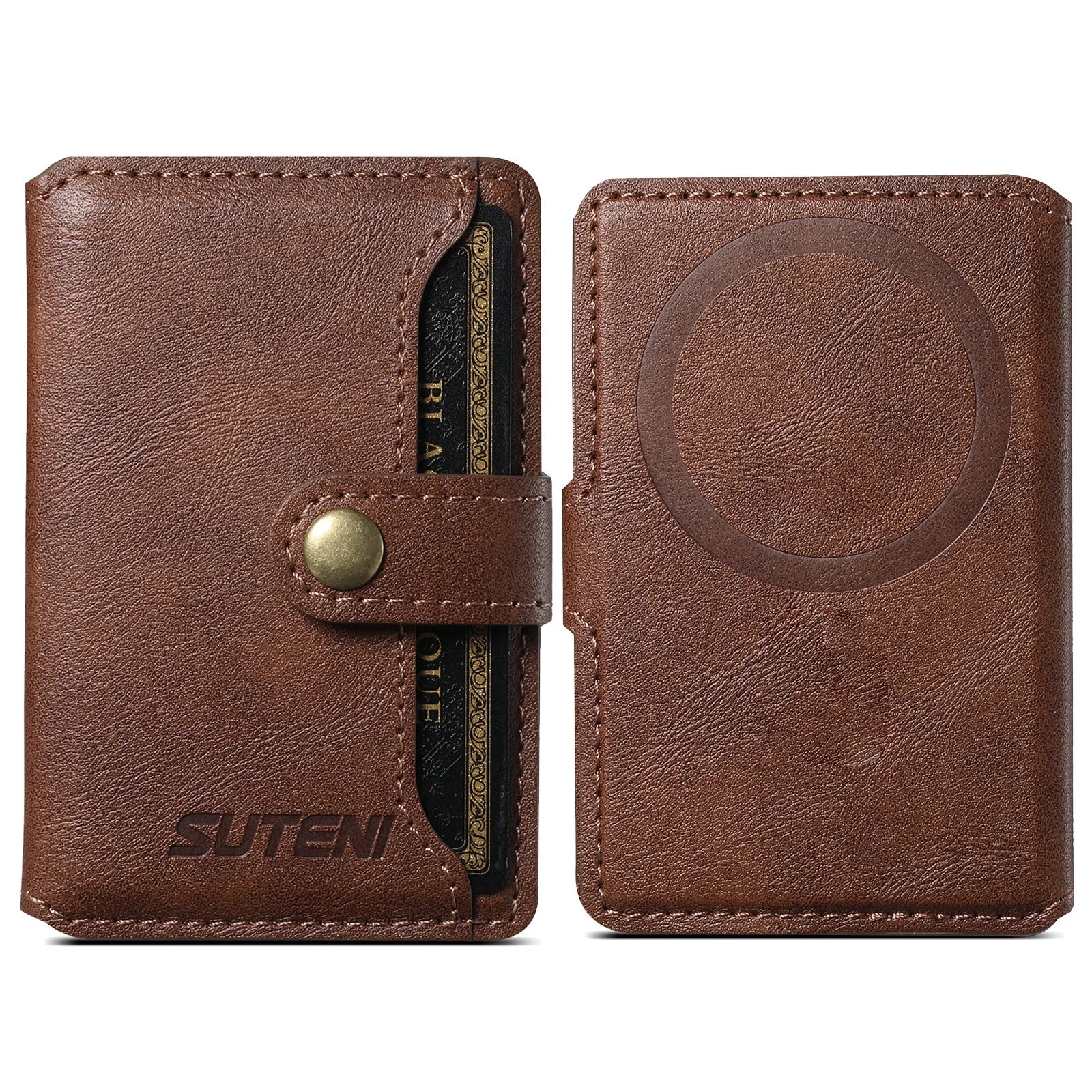 Brown leather phone wallet front and back view with circular MagSafe area