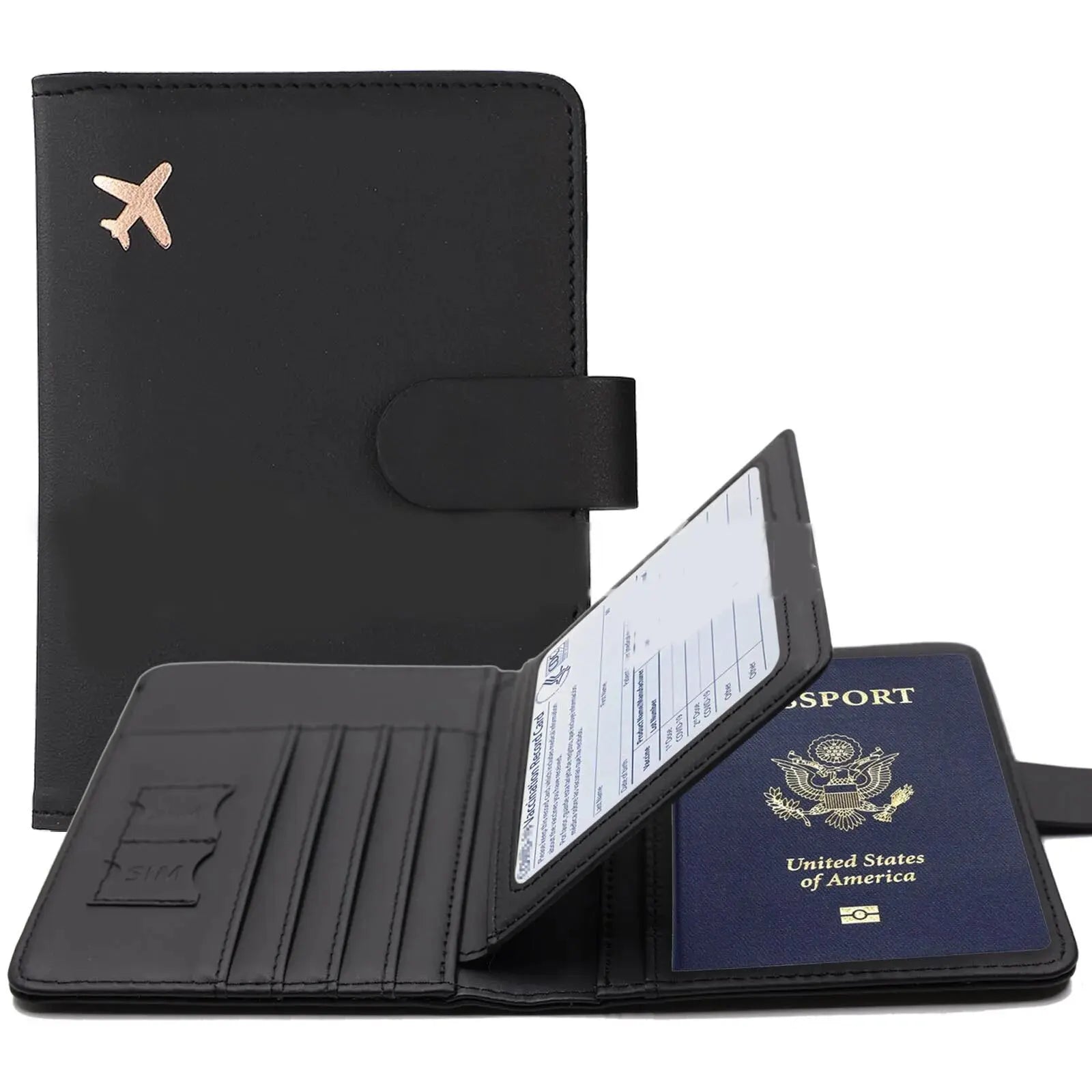 Midnight black passport cover with hasp clasp; open front with card slots
