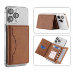The Triton Tri-Fold Stand in brown leather-style wallet, folded front over phone