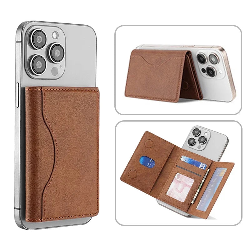 The Triton Tri-Fold Stand in brown leather-style wallet, folded front over phone