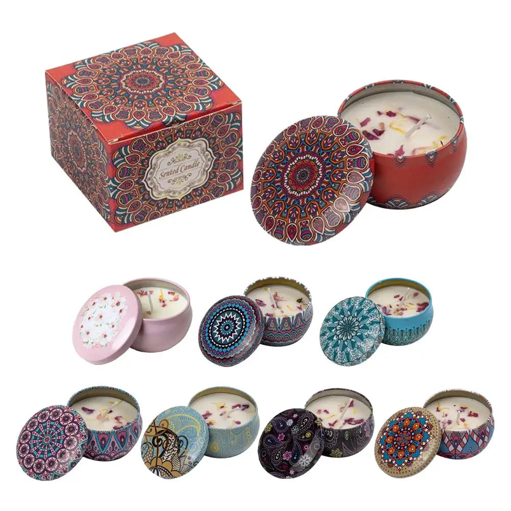 Vintage jar scented candle in patterned red lid set, shown with gift box