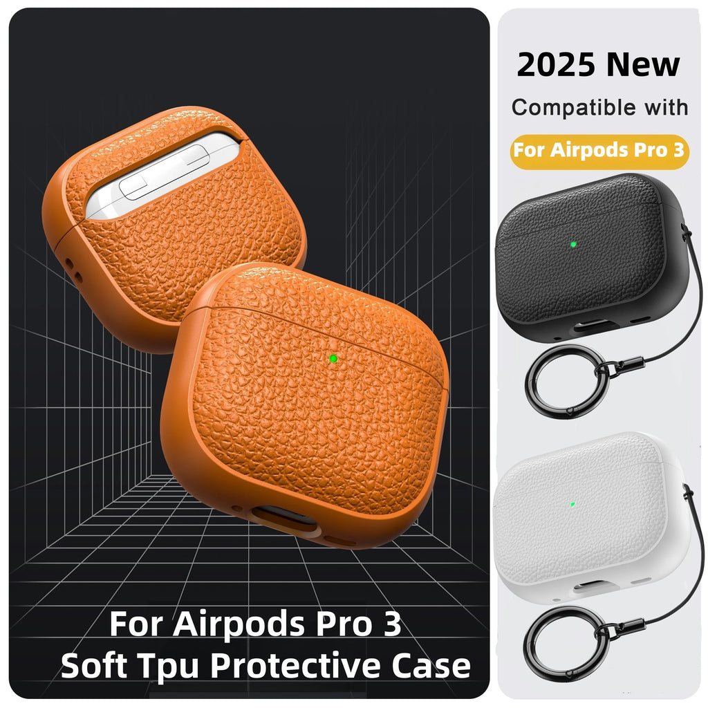 Orange leather-pattern AirPods Pro case with textured finish and keyring attachment