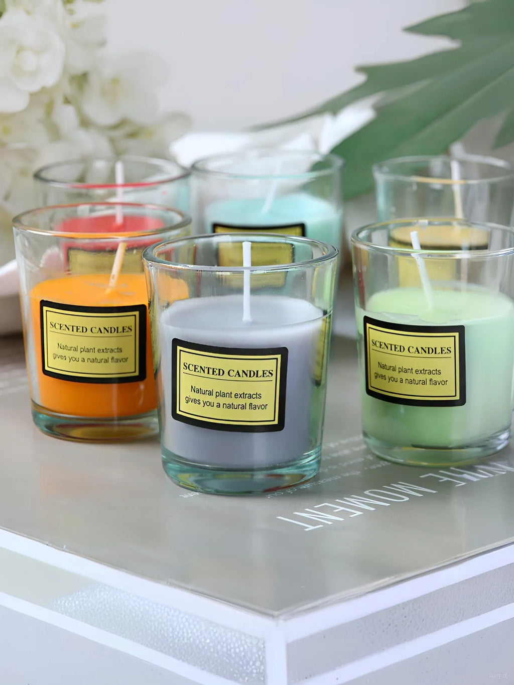 Scented candle in clear glass jars: yellow, light green, pale blue, and orange wax