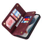 Burgundy kickstand MagSafe wallet with card slots and phone screen showing
