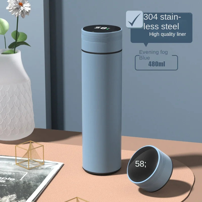 Blue smart thermos flask with lid and digital temperature display