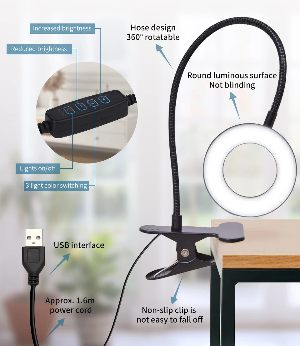 Black ring light reading lamp with circular light face and USB control box