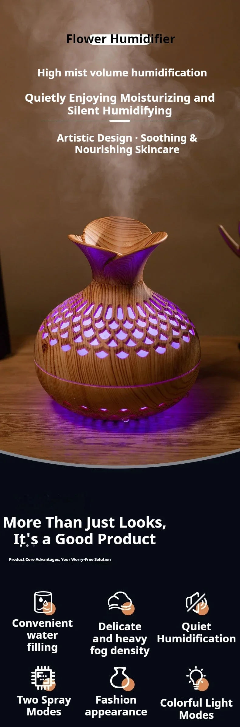 Wood grain mini vase humidifier with purple LED light and flower-shaped top