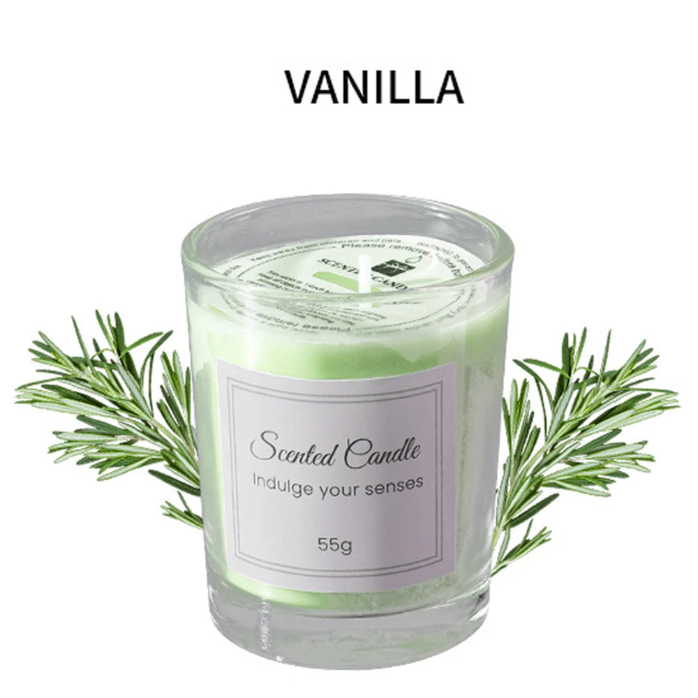 Vanilla scented candle in clear glass jar with green wax, 55g