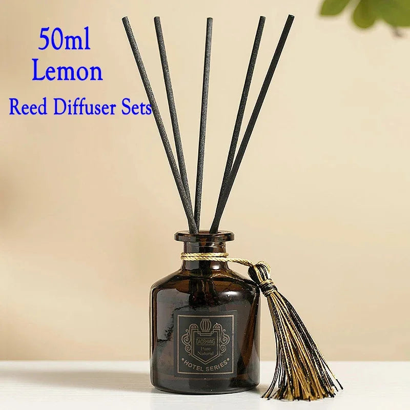Lemon 50ml reed diffuser set: dark bottle with black reeds and gold tassel