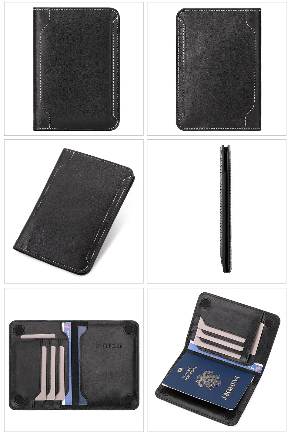 Slim leather passport wallet black: front, back, side edge, and card-slot interior
