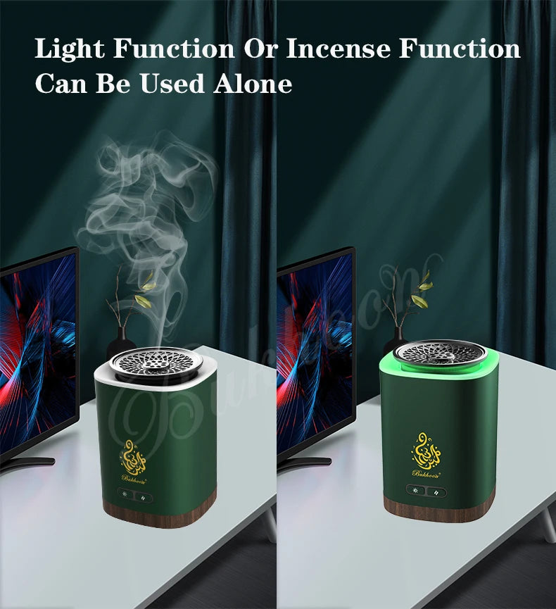 Electric bakhoor burner set on table, green and dark units with top vent smoke