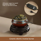 Ceramic electric incense warmer with USB-powered control remote for temperature settings