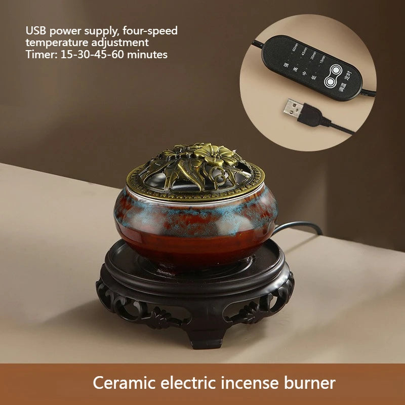 Ceramic electric incense warmer with USB-powered control remote for temperature settings