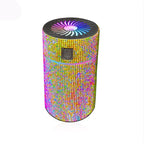 Silver glitter car aroma diffuser with glowing fan top, power button and vapor