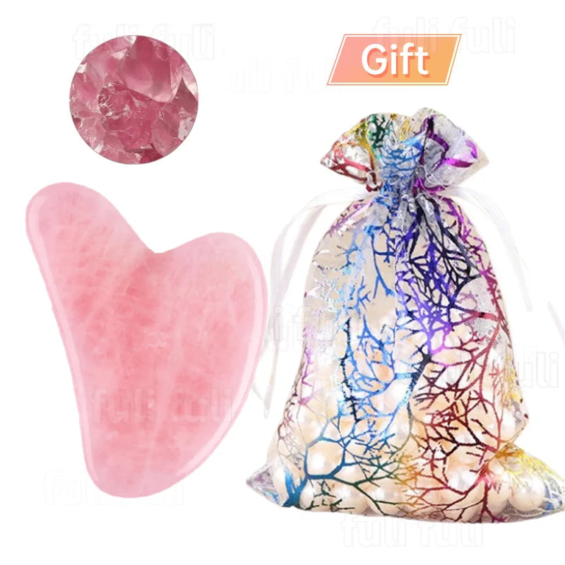 Petal quartz pink roller and heart gua sha, gift pouch