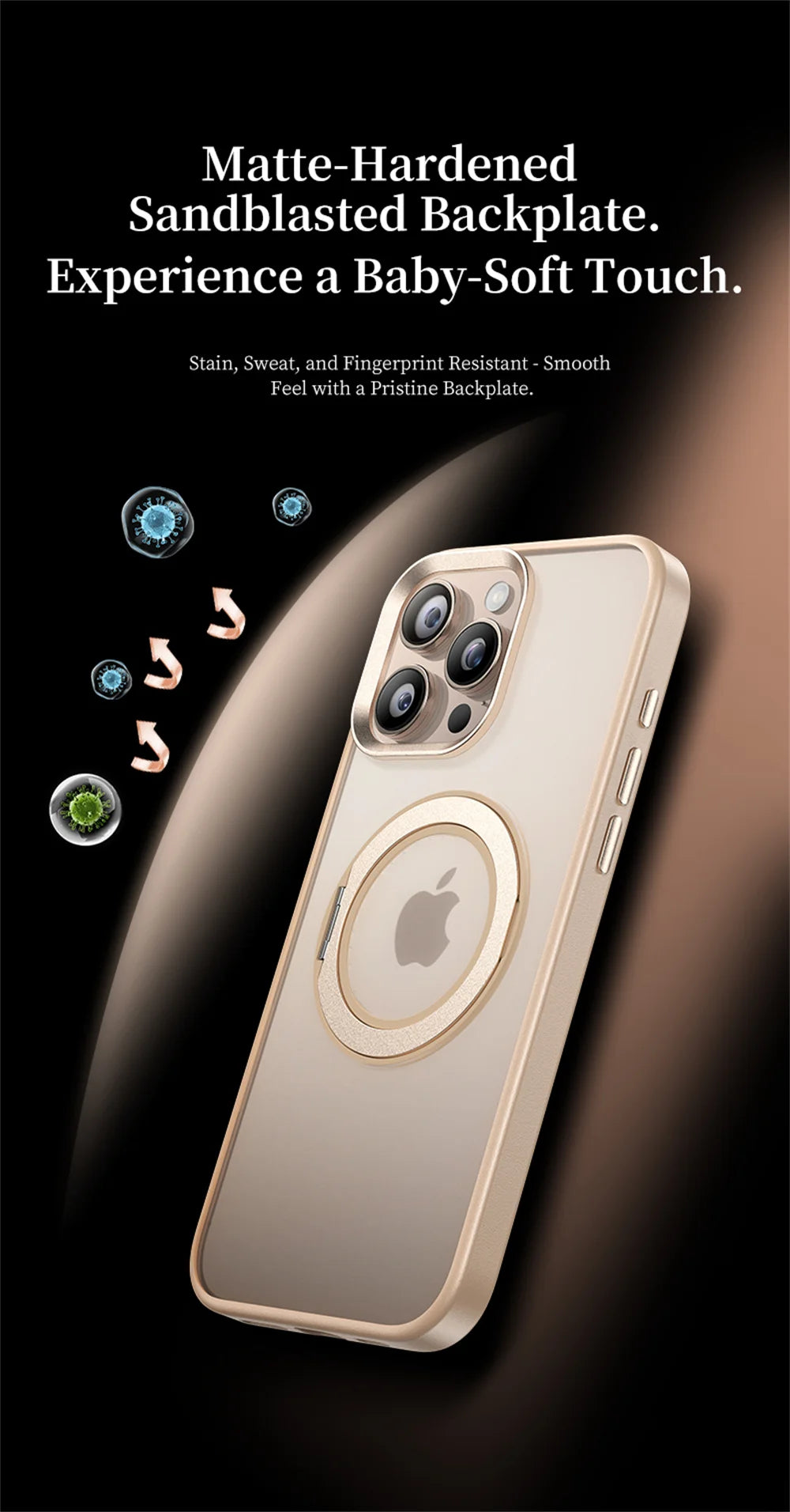 Champagne gold phone case with rotating MagSafe ring and triple camera cutouts