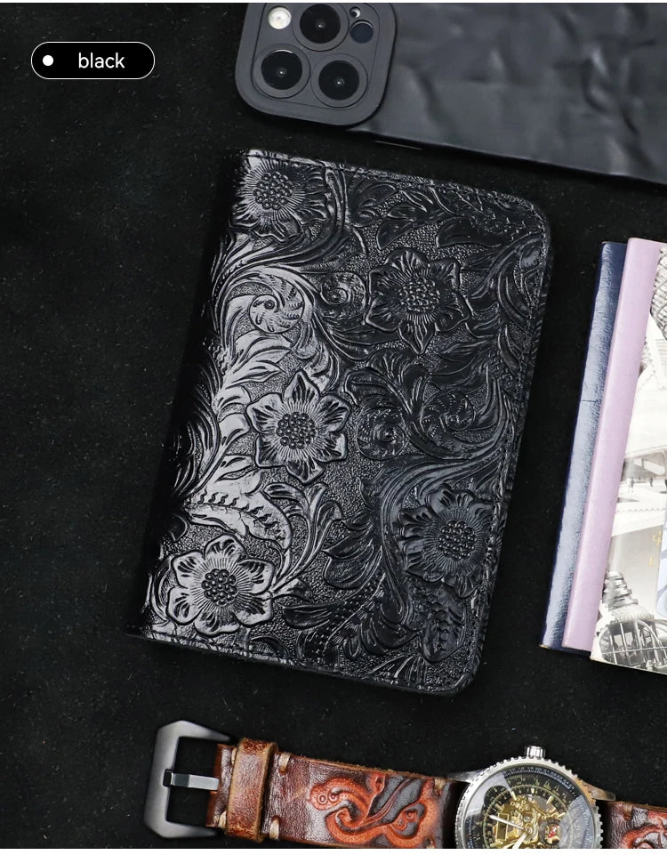 Midnight Black leather travel folio with embossed floral pattern, front cover closed
