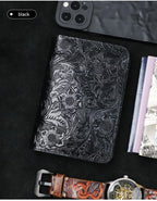 Midnight Black leather travel folio with embossed floral pattern, front cover closed