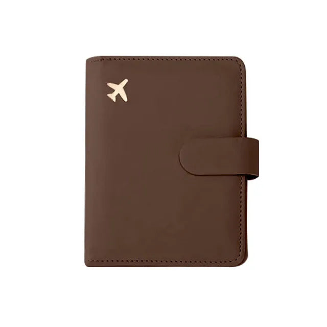 Passport folio organizer, brown leather-look cover with strap and airplane emblem stitching
