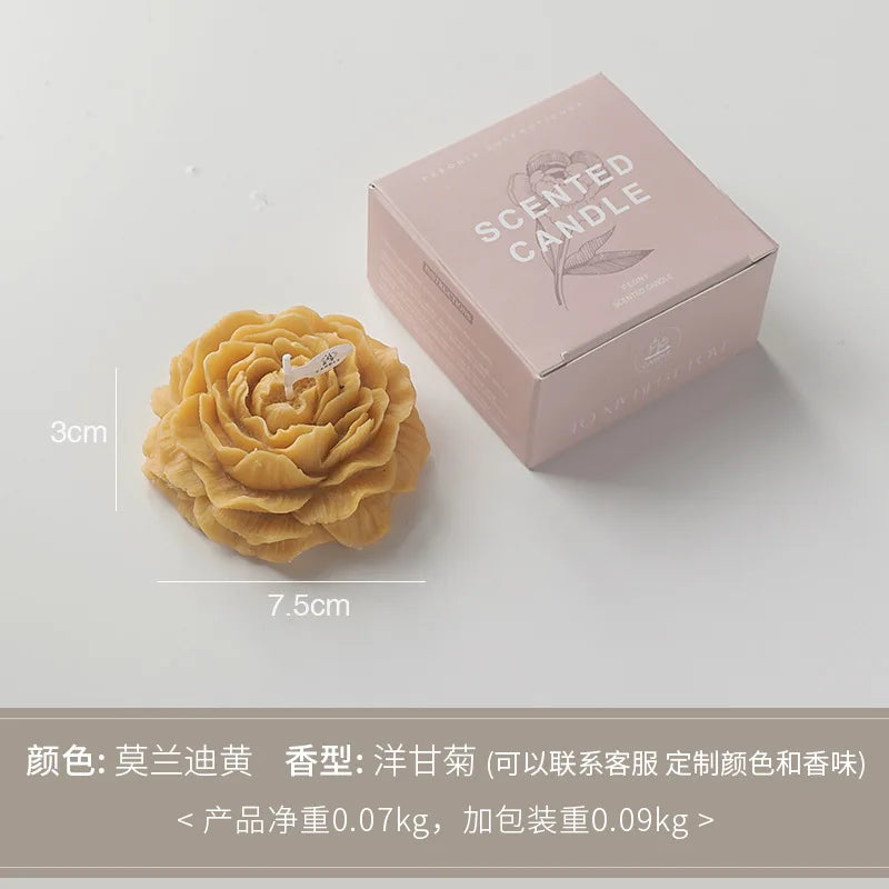 Peony sculptural scented candle, mustard-yellow flower with box and size markers