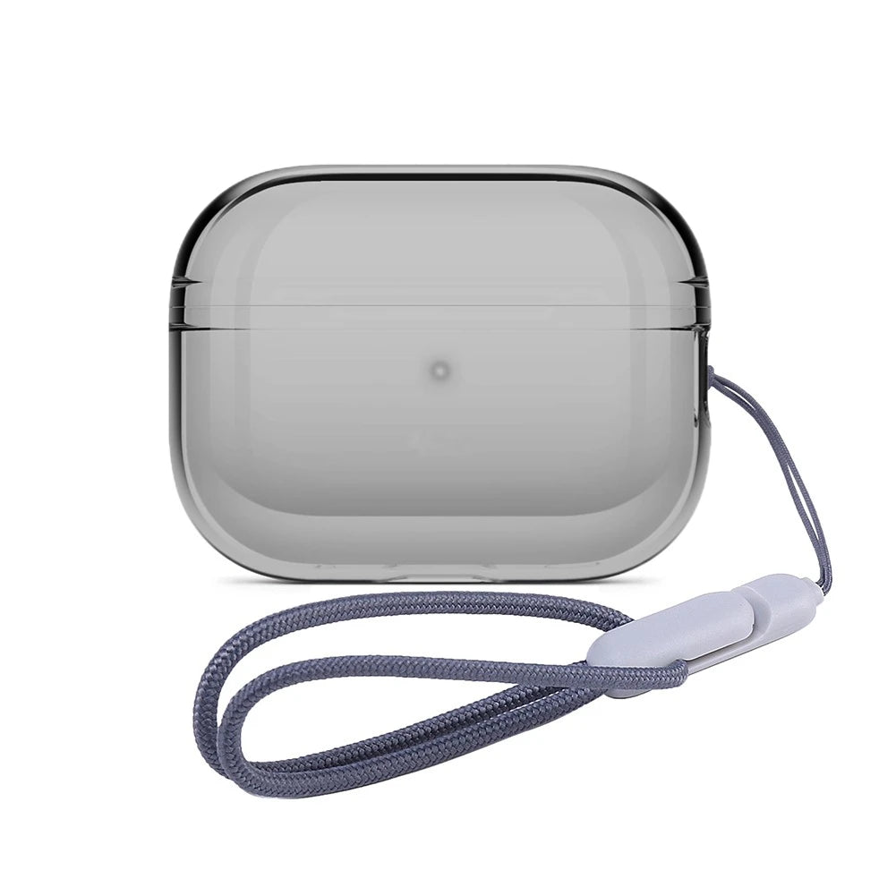 Clear shield AirPods case with dark gray edging and attached wrist strap
