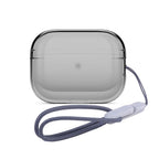 Clear shield AirPods case with dark gray edging and attached wrist strap