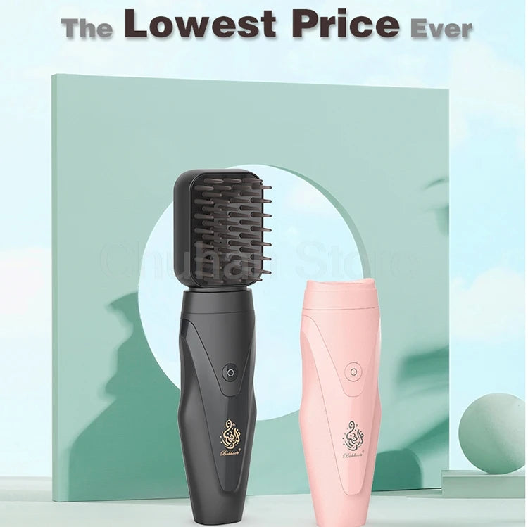Hair bakhoor diffuser handheld units in black and pink with comb-style tops